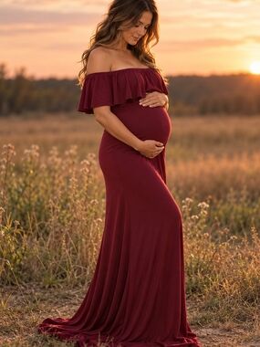 Off Shoulder Maternity Dress in Burgundy — Elegant Off-Shoulder Gown
